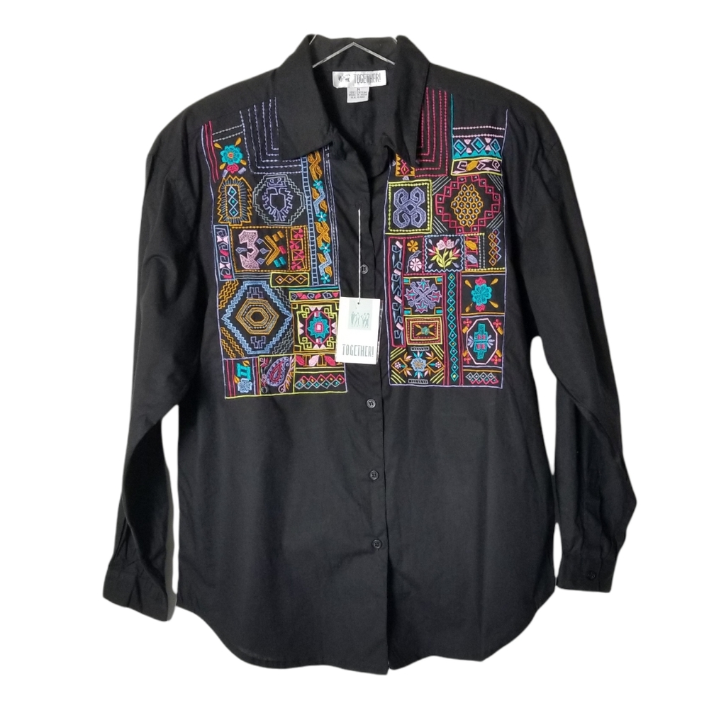 TOGETHER Vintage 90's Embroidered Button Down Top Size M Boho Western Floral